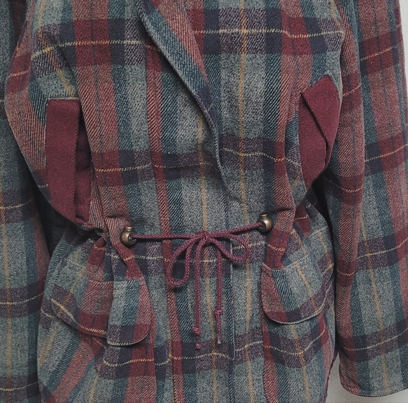 Out Brook Vintage 90s Marron Gray Plaid Wool Blend Tie-Waist Anorak Jacket S - Picture 4 of 15